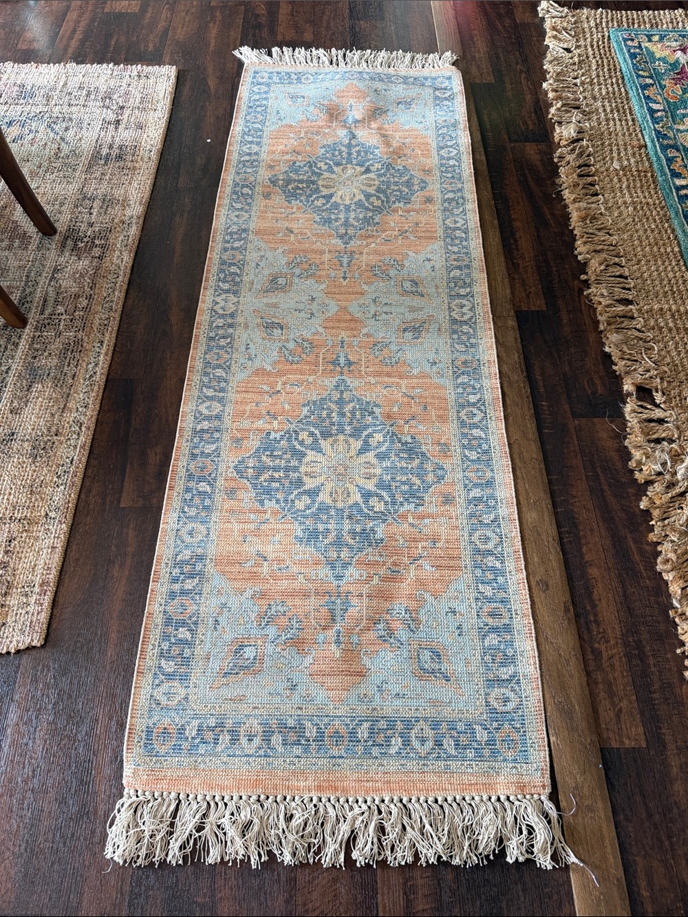 Vintage-Style Runner Rug in Coral & Dusty Blue 2x8”